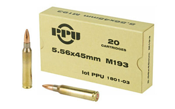 PPU 5.56 NATO M193 55 Grain 20rd Box of Full Metal Jacket Centerfire Rifle Ammunition (PPN5561)